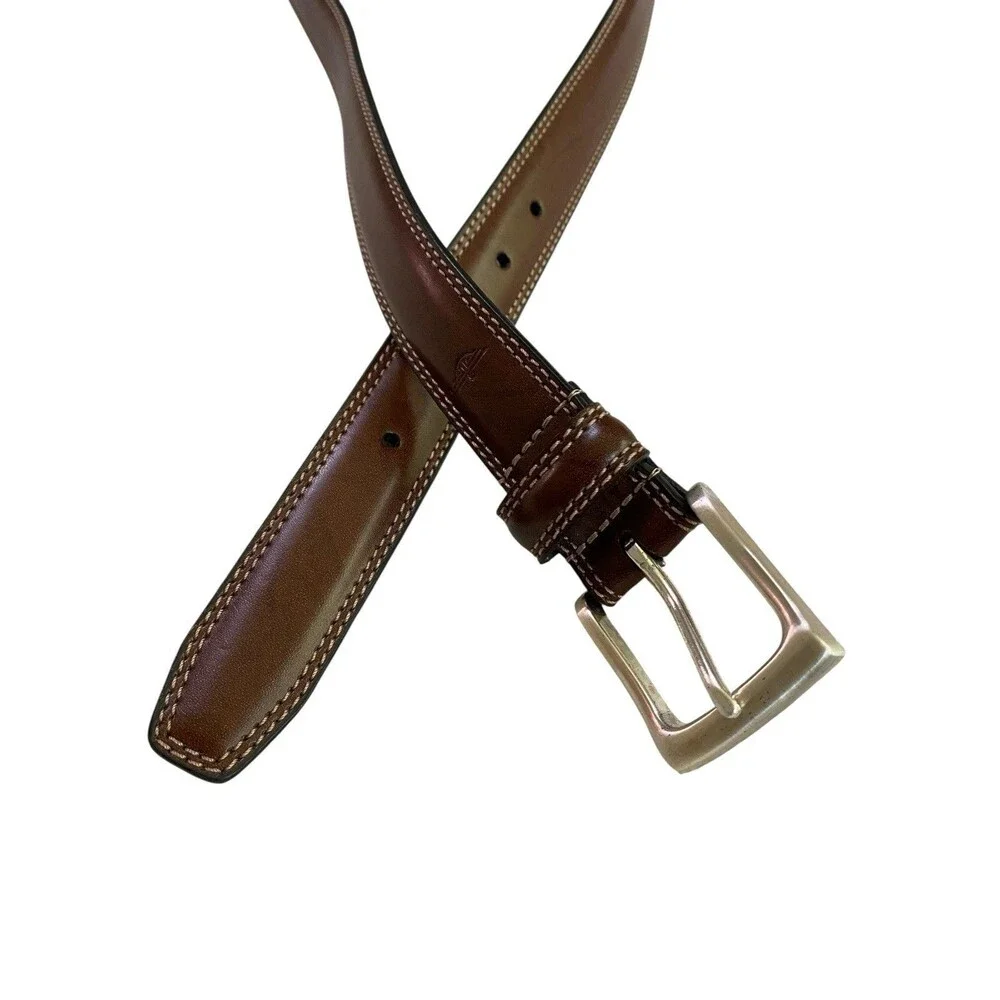 Dockers Brown Genuine Leather Stitched Belt Size 42 Silver Tone Buckle